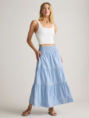 Quince Organic Cotton Poplin Blue Striped Tiered Maxi Skirt